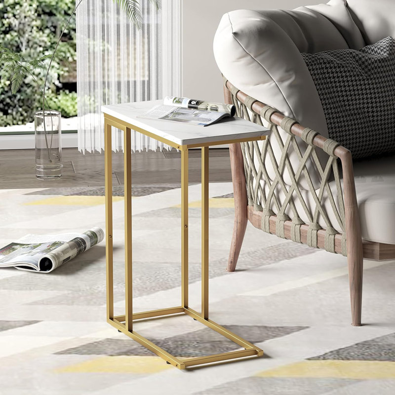 Everly Quinn C Shaped End Table Couch Side Table That Slide Under Sofa Bed Small Table For Small Spaces Skinny Overbed Table Coffee Drink Snack Table For Living Room Gold And White
